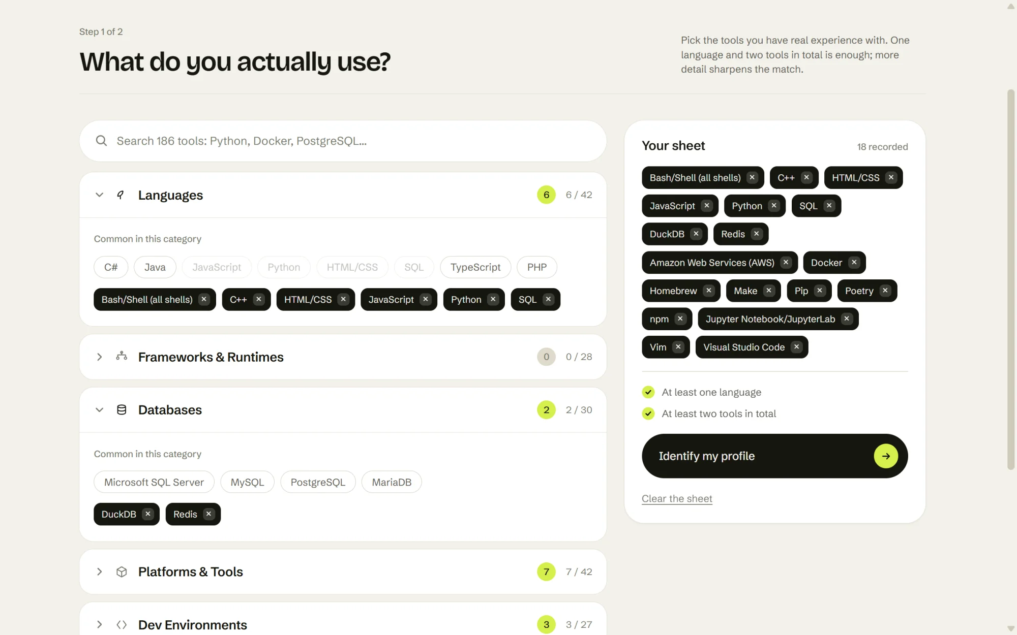 Skill picker with a search box and categories of languages and tools.