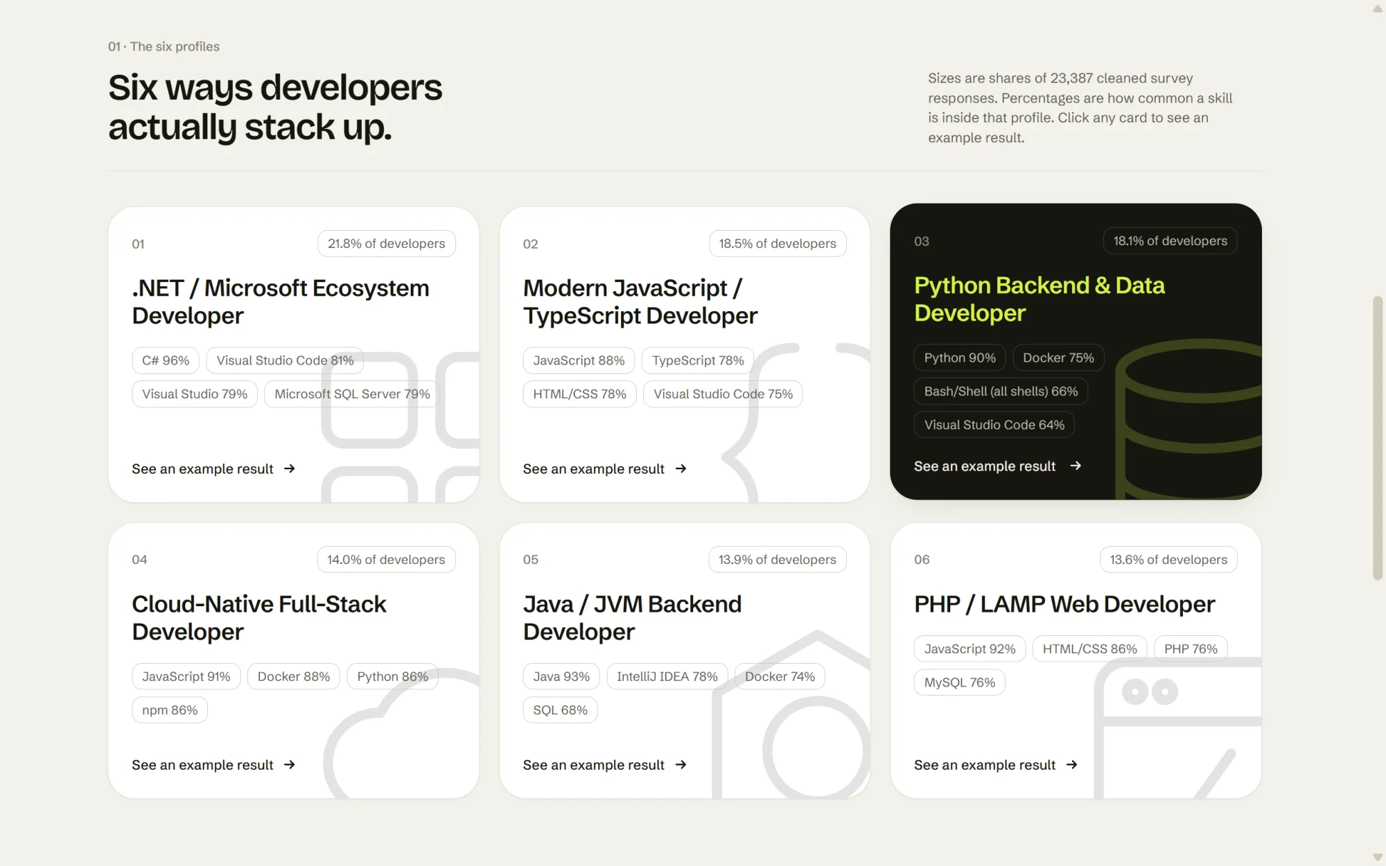 Overview cards for the six developer profiles.