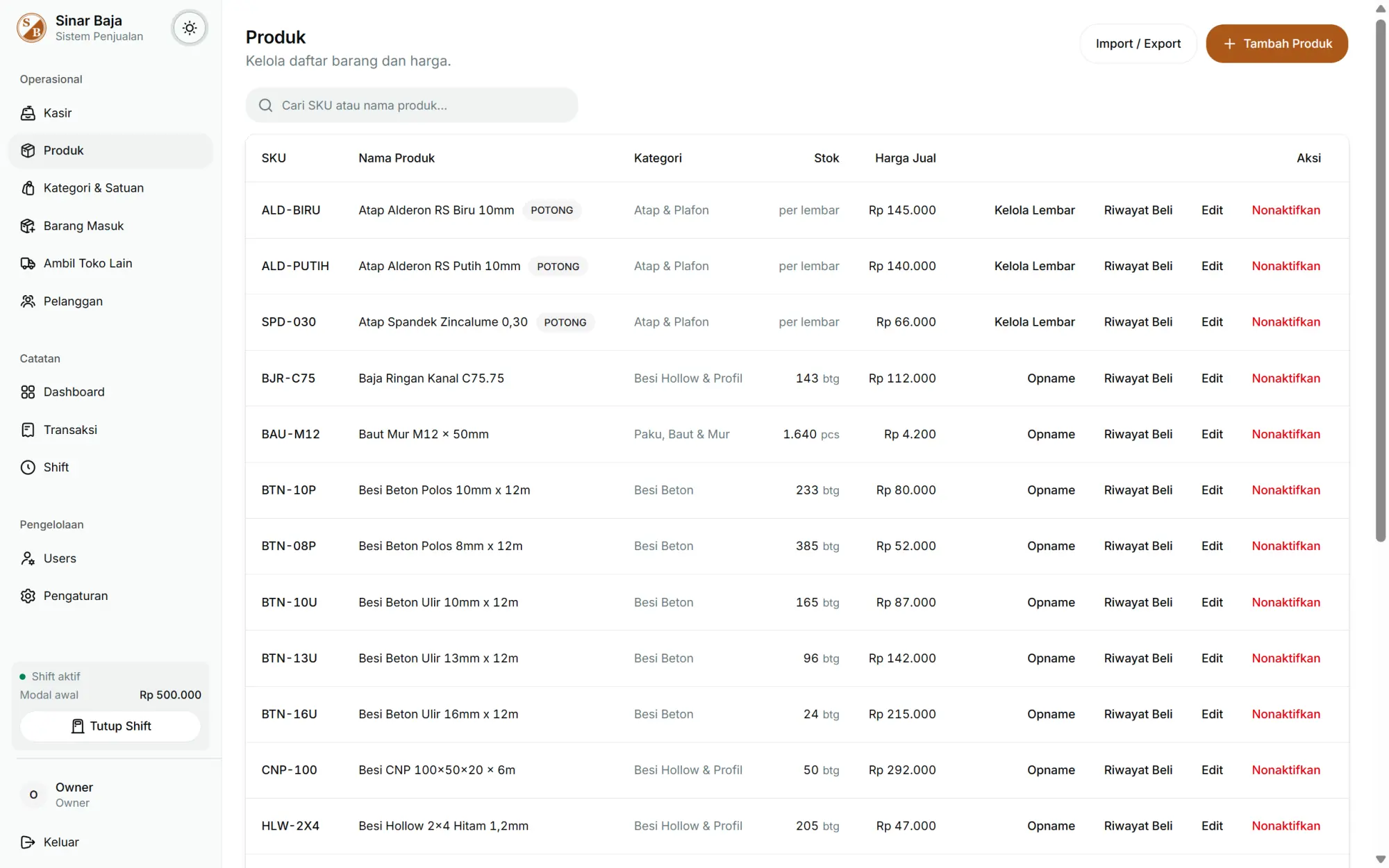 Product catalog with units, prices, and stock counts.