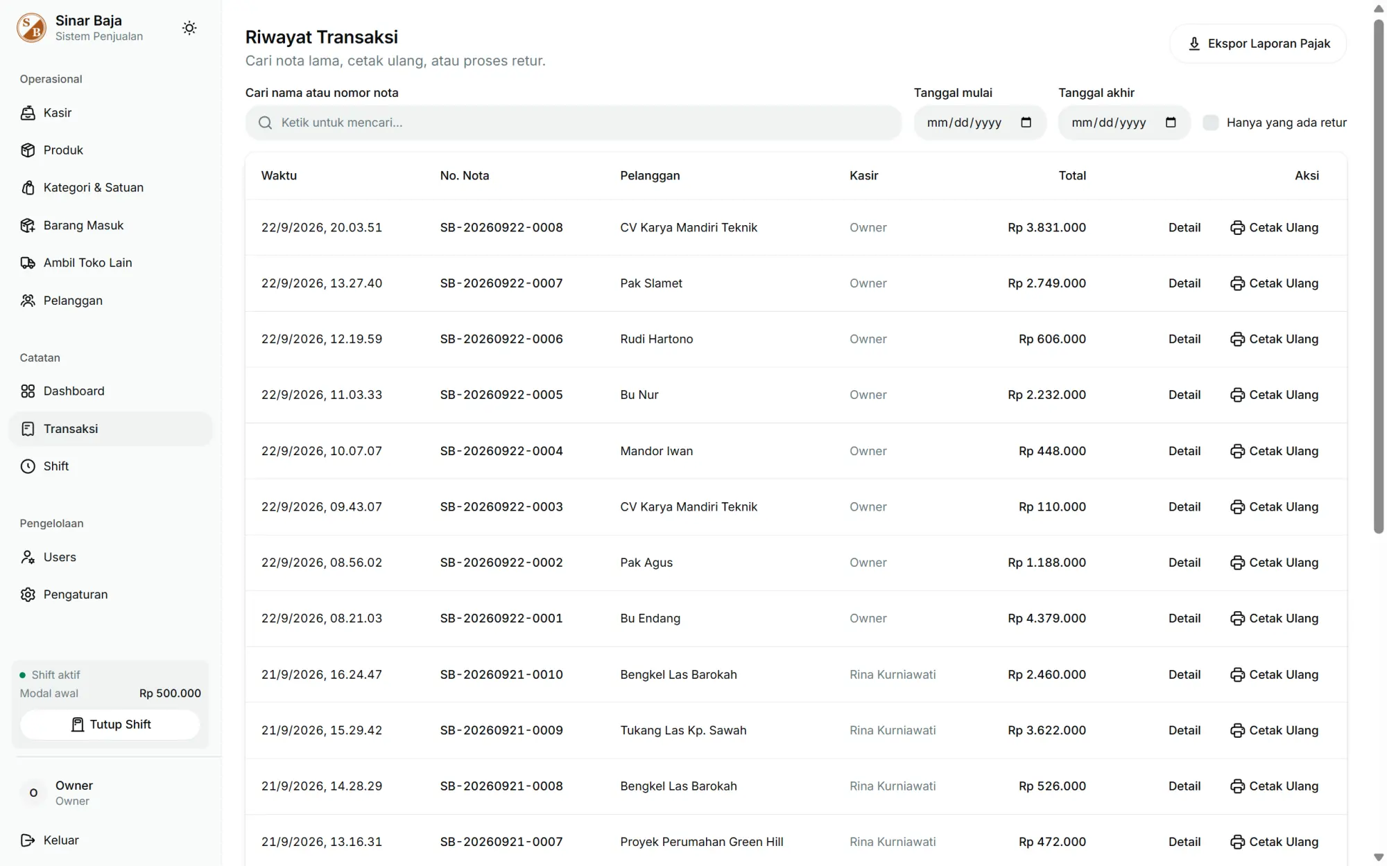 Table of past transactions with buttons to reprint a receipt or record a return.